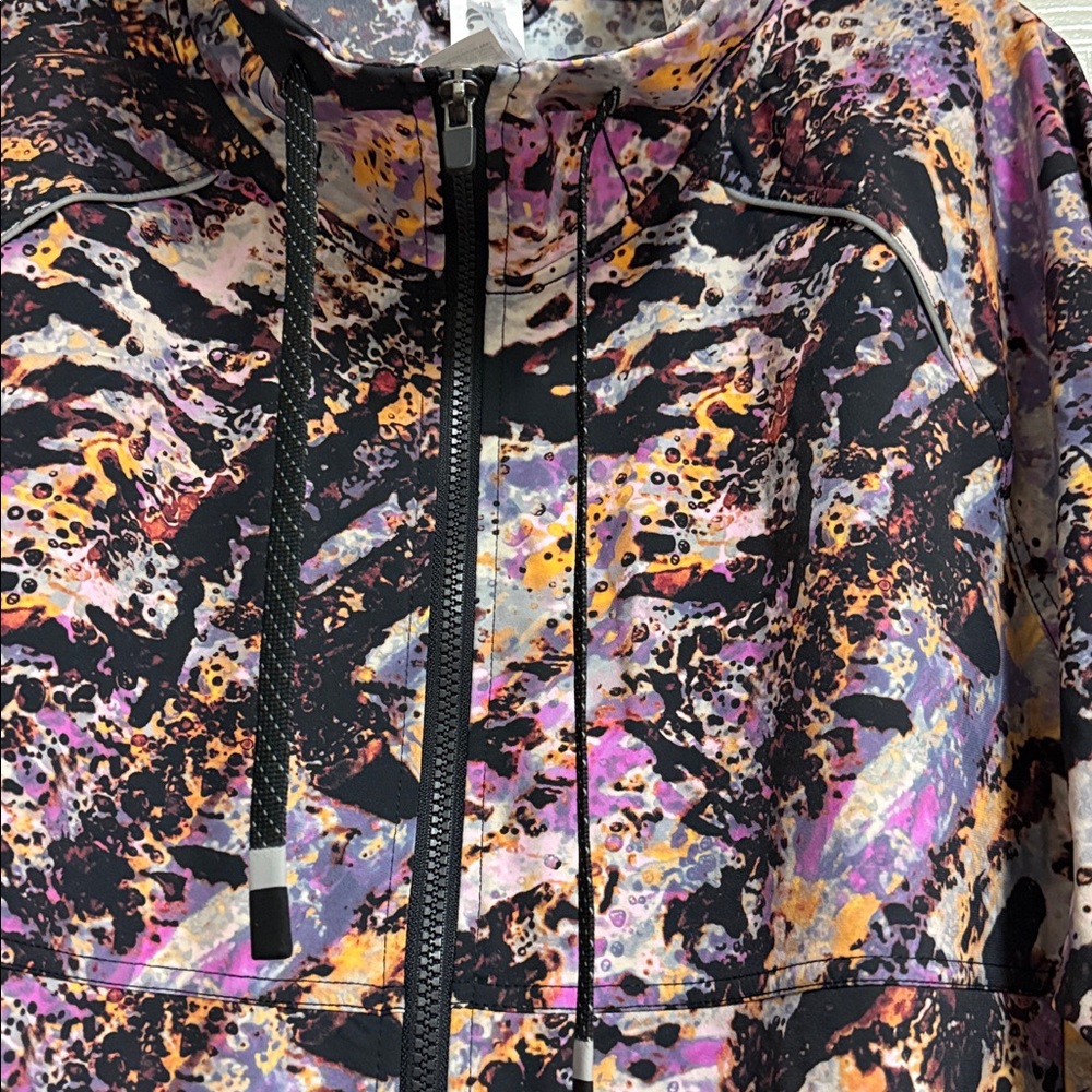 NWT Fabletics Women's Abstract Purple and Orange Bomber Jacket With Black Shorts - Picture 14 of 16
